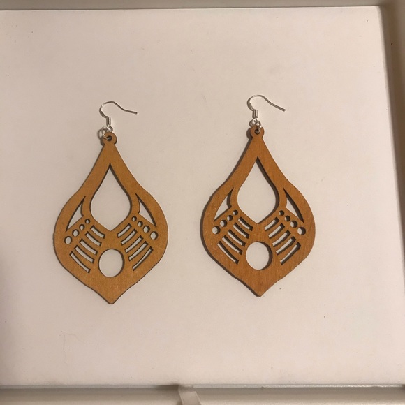 Hand Carves Hollow Wood Drop Earrings - Picture 3 of 4